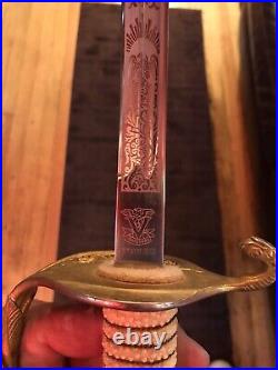 US NAVY OFFICERS DRESS SWORD SABER & SCABBARD VIETNAM ERA ENGRAVED NOV 67 As Is