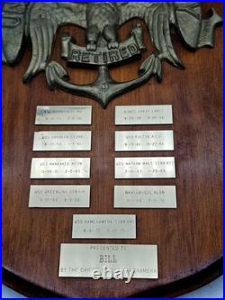US NAVY Retired Vintage Solid Brass Plaque with Commissions Wood Base 1955-1975