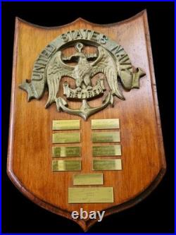 US NAVY Retired Vintage Solid Brass Plaque with Commissions Wood Base 1955-1975