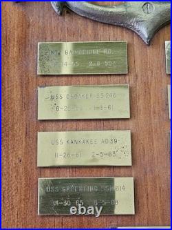 US NAVY Retired Vintage Solid Brass Plaque with Commissions Wood Base 1955-1975