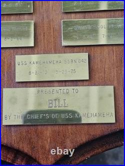 US NAVY Retired Vintage Solid Brass Plaque with Commissions Wood Base 1955-1975