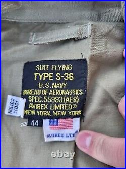 US Navy BuAer Type S-36 Flight Suit Size 44 MFG Avirex Limited