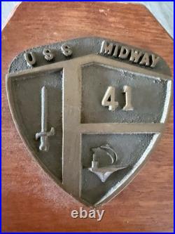 US Navy USS Midway CVA-41 Aircraft Carrier Plaque Solid Wood Brass 31.5 Long
