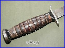 US Navy WW2 M-3 FIGHTING TRENCH KNIFE + M-6 LEATHER SCABBARD Antique Vtg RARE