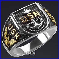 USN NAVY ANCHOR & EAGLE RING STERLING SILVER 925 with 24K-GOLD-PLATED PARTS