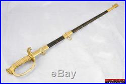 USN Navy Officer Sword Issue Handle Leather Scabbard Gilt Brass 1852 Vintage L1Z