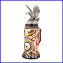 United States Navy Eagle Beer Stein Stoneware. 50 L Pewter Lid