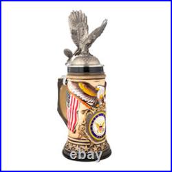 United States Navy Eagle Beer Stein Stoneware. 50 L Pewter Lid
