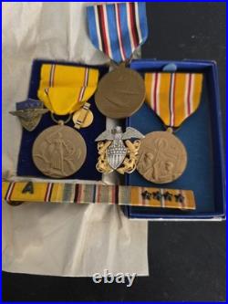 Us Navy Sterling Silver -dated Box Medals -v5 Badge -ribbons Worn- Estate Find