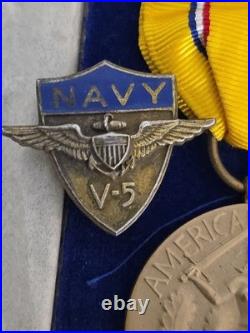 Us Navy Sterling Silver -dated Box Medals -v5 Badge -ribbons Worn- Estate Find