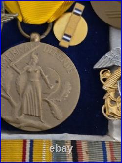 Us Navy Sterling Silver -dated Box Medals -v5 Badge -ribbons Worn- Estate Find