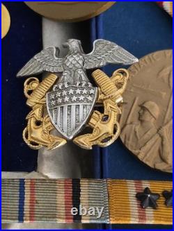 Us Navy Sterling Silver -dated Box Medals -v5 Badge -ribbons Worn- Estate Find