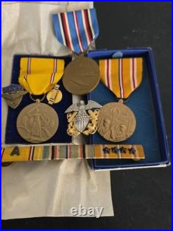 Us Navy Sterling Silver -dated Box Medals -v5 Badge -ribbons Worn- Estate Find