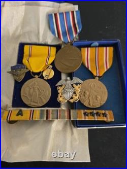 Us Navy Sterling Silver -dated Box Medals -v5 Badge -ribbons Worn- Estate Find