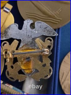 Us Navy Sterling Silver -dated Box Medals -v5 Badge -ribbons Worn- Estate Find