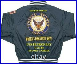 Uss Marcus Island Cve-77 Escort Carrier Embroidered Satin Jacket (back Only)