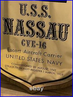 Uss Nassau Cve-16 Navy Escort Aircraft Carrier Wood Brass Plaque Wwii 1946-1959