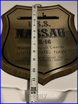 Uss Nassau Cve-16 Navy Escort Aircraft Carrier Wood Brass Plaque Wwii 1946-1959