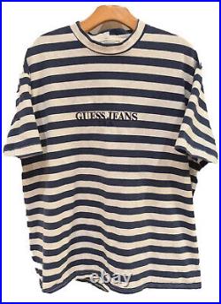 VINTAGE EUC 90's OG Guess Striped T-shirt Navy Blue Made In USA Mens Size XL