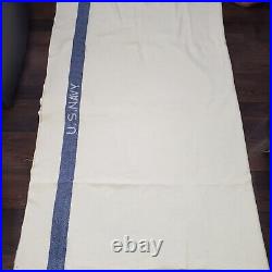 VINTAGE US NAVY Blanket WWII Wool Blanket Cream With Blue Stripe White Letters