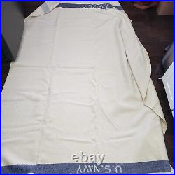 VINTAGE US NAVY Blanket WWII Wool Blanket Cream With Blue Stripe White Letters