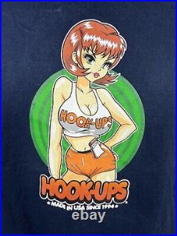 VTG RARE 90s Hook-ups Skateboard T-shirt Mens Anime Miami Hooters SIZE M (Navy)