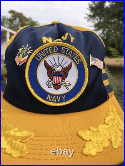 VTG United States Navy Patch 3 Stripe Snapback Hat Trucker Cap Made In USA VTG United States Navy Patch 3 Stripe Snapback Hat Trucker Cap Made In USA
