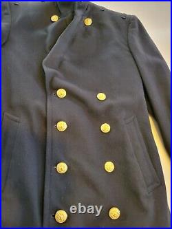 Vintage 1961 Wool Navy Bridge Coat 37R Long Officer Overcoat Peacoat Gold Button