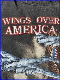 Vintage 3D Emblem Eagle Wings Over America Military Plane 80s T Shirt Size M