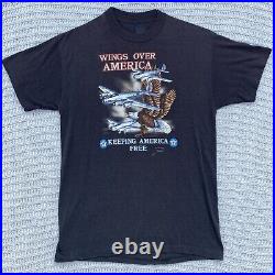 Vintage 3D Emblem Eagle Wings Over America Military Plane 80s T Shirt Size XL