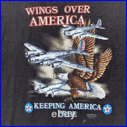 Vintage 3D Emblem Eagle Wings Over America Military Plane 80s T Shirt Size XL