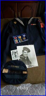 Vintage 40s WW2 Wool US Navy Crackerjack Sailor Uniform Suit, Medals, pic Lot