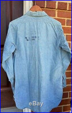 Vintage 40s WWII USN US Navy Sailors Chambray Stencil Uniform Blue Denim Shirt