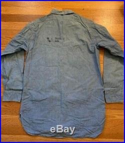 Vintage 40s WWII USN US Navy Sailors Chambray Stencil Uniform Blue Denim Shirt