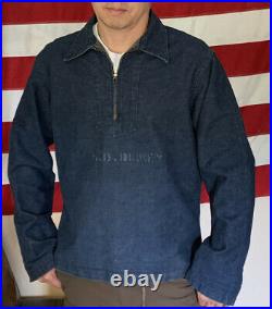 Vintage 40s WWII USN US Navy Sailors Dungaree Blue Denim Jean Half Zip Jacket