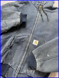 Vintage 80s Carhartt JQ283 Hooded Jacket Navy Sunfaded/Thrashed (size Large)