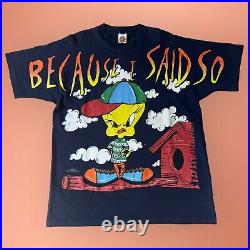 Vintage 90s 1996 Looney Tunes Tweety Bird T-Shirt Mens XL AOP Attitude Navy