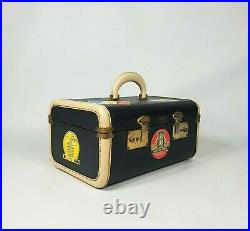 Vintage Black Dark Navy Train Case Suitcase Labels 1940s Travel Antique Luggage