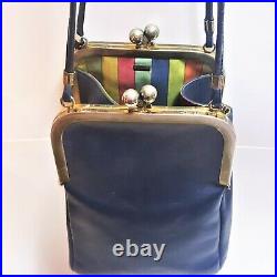 Vintage Bonnie Cashin Coach Navy Blue Leather Double Kisslock Handbag