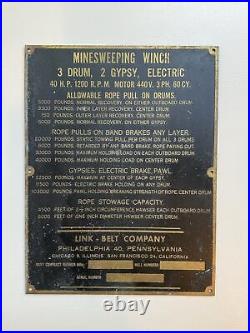 Vintage Brass Naval Minesweeper Winch Nameplate Placque Link-Belt Maritime