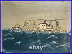Vintage Empire State United States Navy Ship Vessel Oil On Board Painting Boat