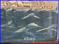 Vintage Empire State United States Navy Ship Vessel Oil On Board Painting Boat
