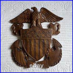 Vintage Large 18 Heavy US Navy Officer Eagle Crest Carved Wood Wall Plaque USN