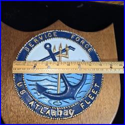 Vintage Navy Cast Metal Wood Plaque Wall Hang US Atlantic Fleet Service Force 8