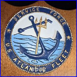 Vintage Navy Cast Metal Wood Plaque Wall Hang US Atlantic Fleet Service Force 8