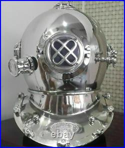 Vintage Silver Chrome Diving Helmet US Navy Mark V Brass Style Marine Scuba Gift