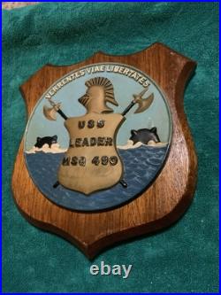 Vintage U. S. Navy USS LEADER MSO-490. Brass / Wood Wall Hanging Plaque