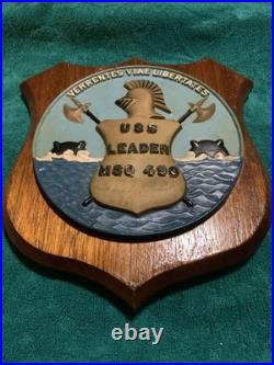Vintage U. S. Navy USS LEADER MSO-490. Brass / Wood Wall Hanging Plaque