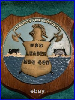 Vintage U. S. Navy USS LEADER MSO-490. Brass / Wood Wall Hanging Plaque