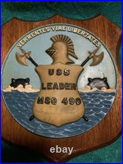 Vintage U. S. Navy USS LEADER MSO-490. Brass / Wood Wall Hanging Plaque